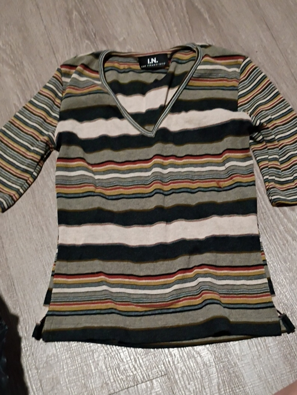 I.N. Studio Olive Multi Striped V‑Neck Long Sleeve Top